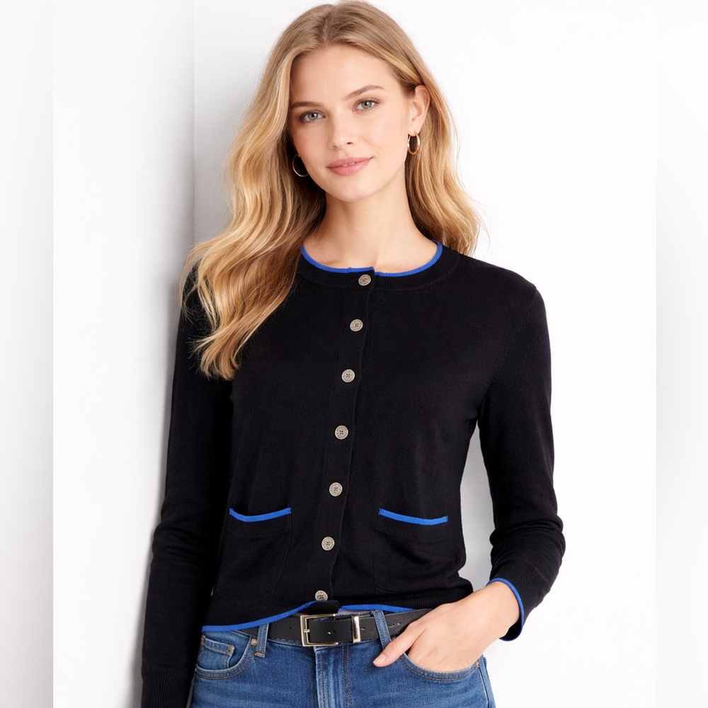 Brooks Brothers Black Fleece Merino Wool Cardigan Blue Trim Classic Sweater S🖤